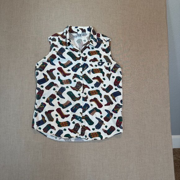 Vintage 90s Western Cowboy Boot Print Sleeveless Button Down Shirt Women’s Rodeo - Picture 4 of 5